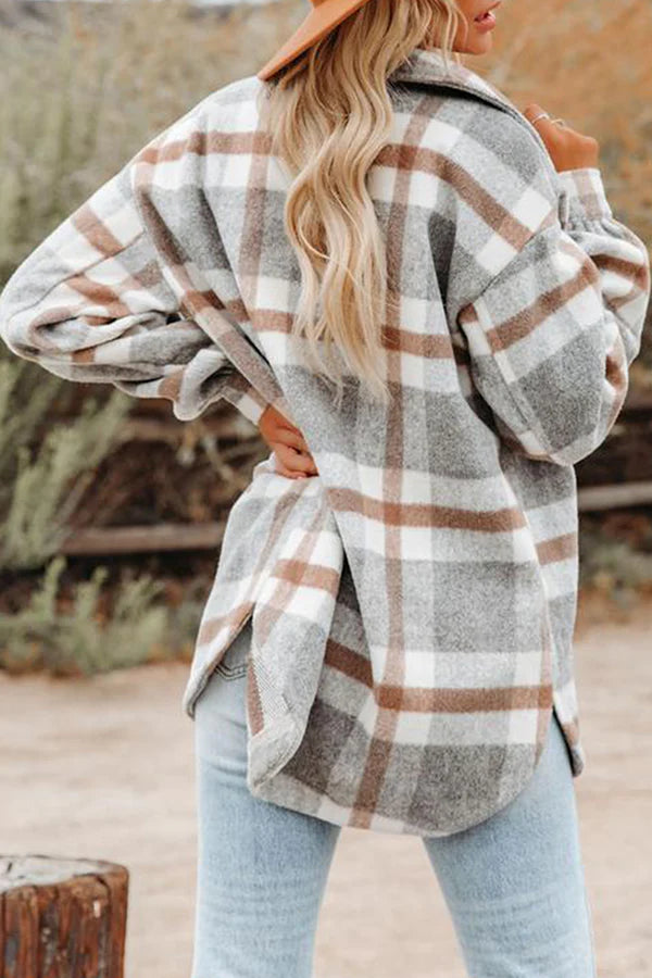 Plaid Pocket Buckle Turndown Collar Outerwear I73513