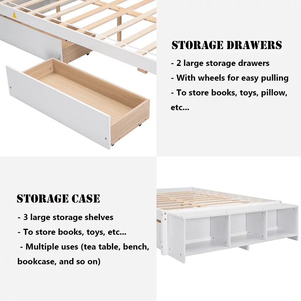 White Full Size Platform Bed with Storage Shelves and Drawer W554656