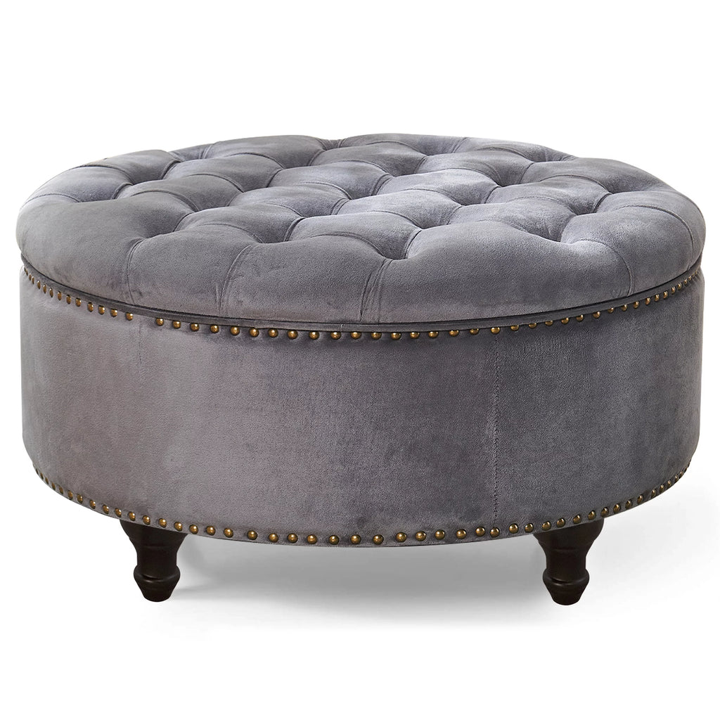 Dark Grey Upholstered Round Storage Ottoman I7078