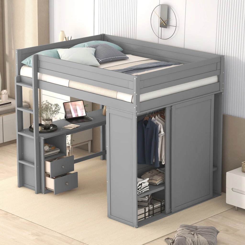 Wood Full Size Loft Bed with Storage Desk, Drawers and Wardrobe V102