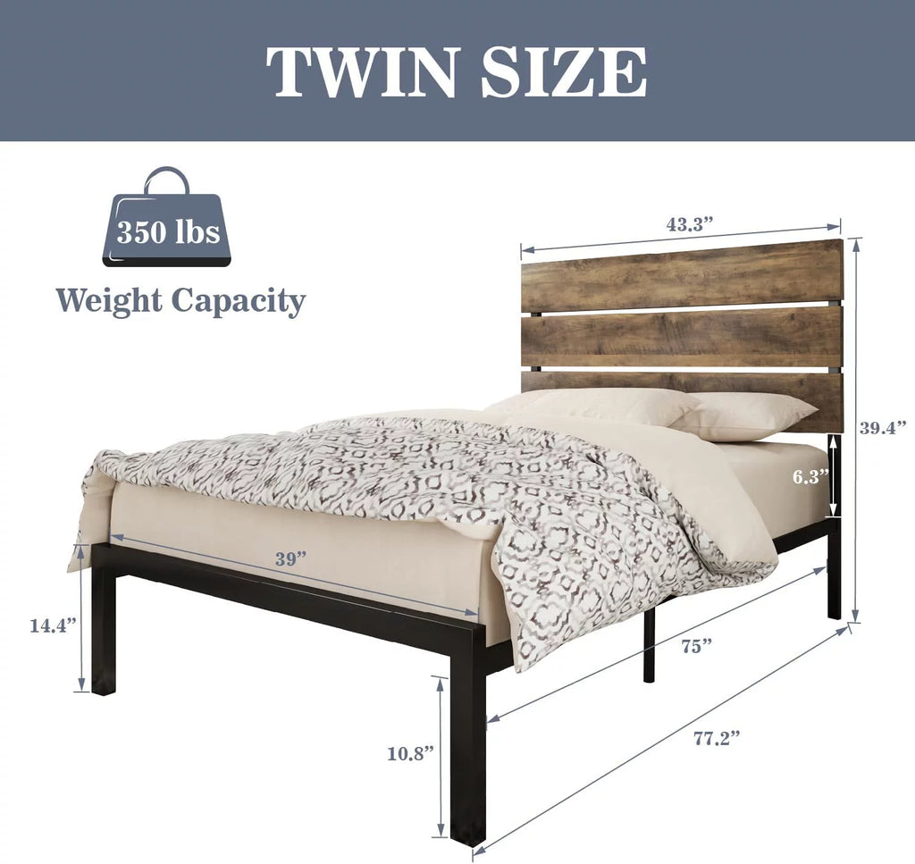 Queen Size Rustic Industrial Platform Bed Frame with Wood Headboard W5449