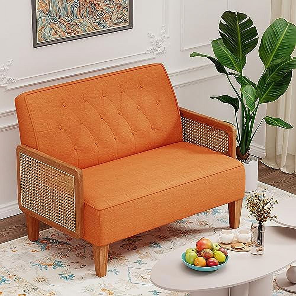 Light Grey Upholstered Loveseat with Rattan Armrest H123