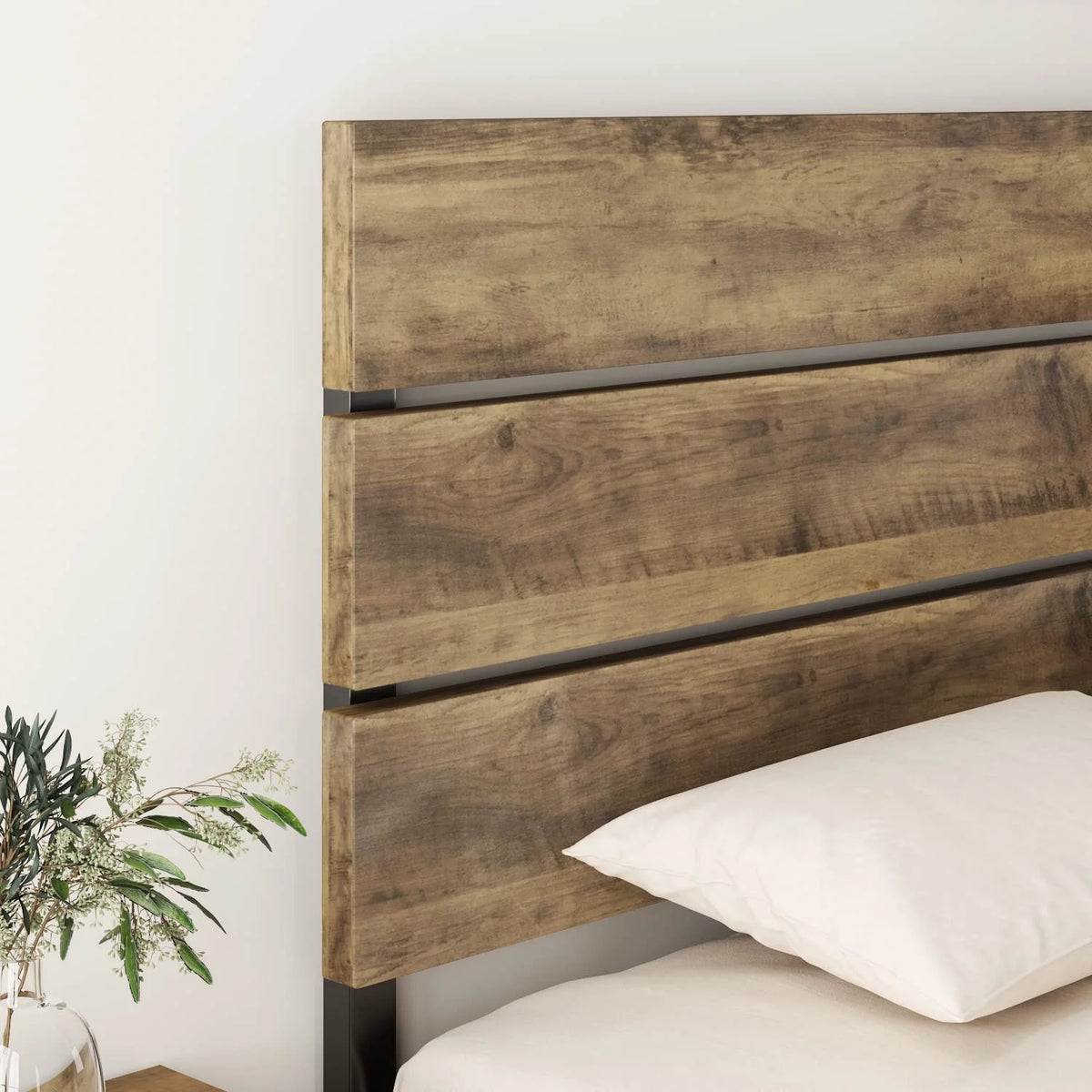 Queen Size Rustic Industrial Platform Bed Frame with Wood Headboard W5449