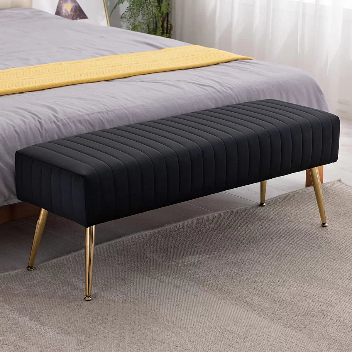 44 Inch Velvet Ottoman Bench with Gold Legs X74398