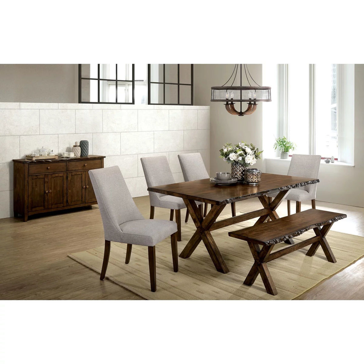 Solid Wood Bench with Trestle Base and Cross Legs, Brown M89943