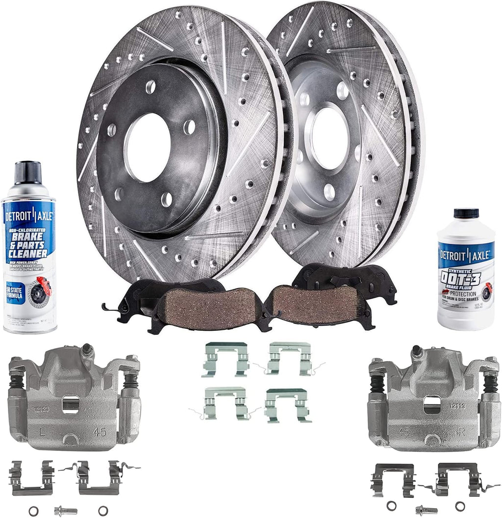Front Drilled & Slotted Rotors + Calipers + Ceramic Brake Pads 8pc Set K617