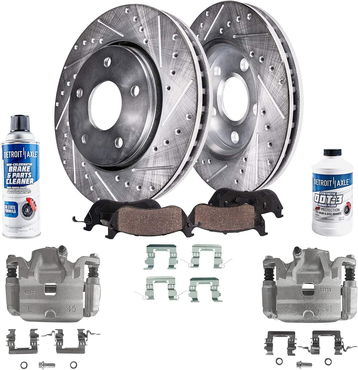 Front Drilled & Slotted Rotors + Calipers + Ceramic Brake Pads 8pc Set K617