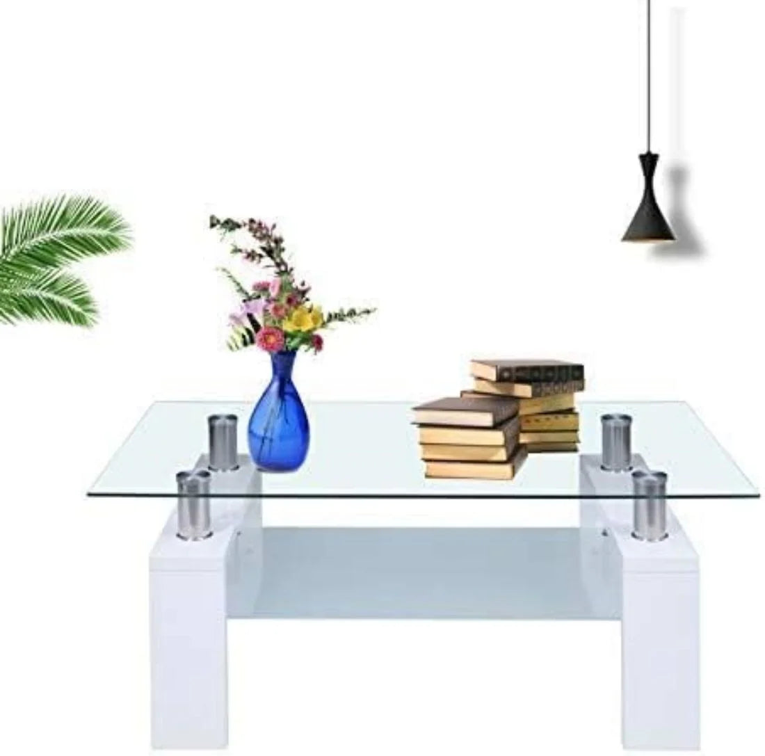 Glass Top White Coffee Table with Lower Shelf T961573