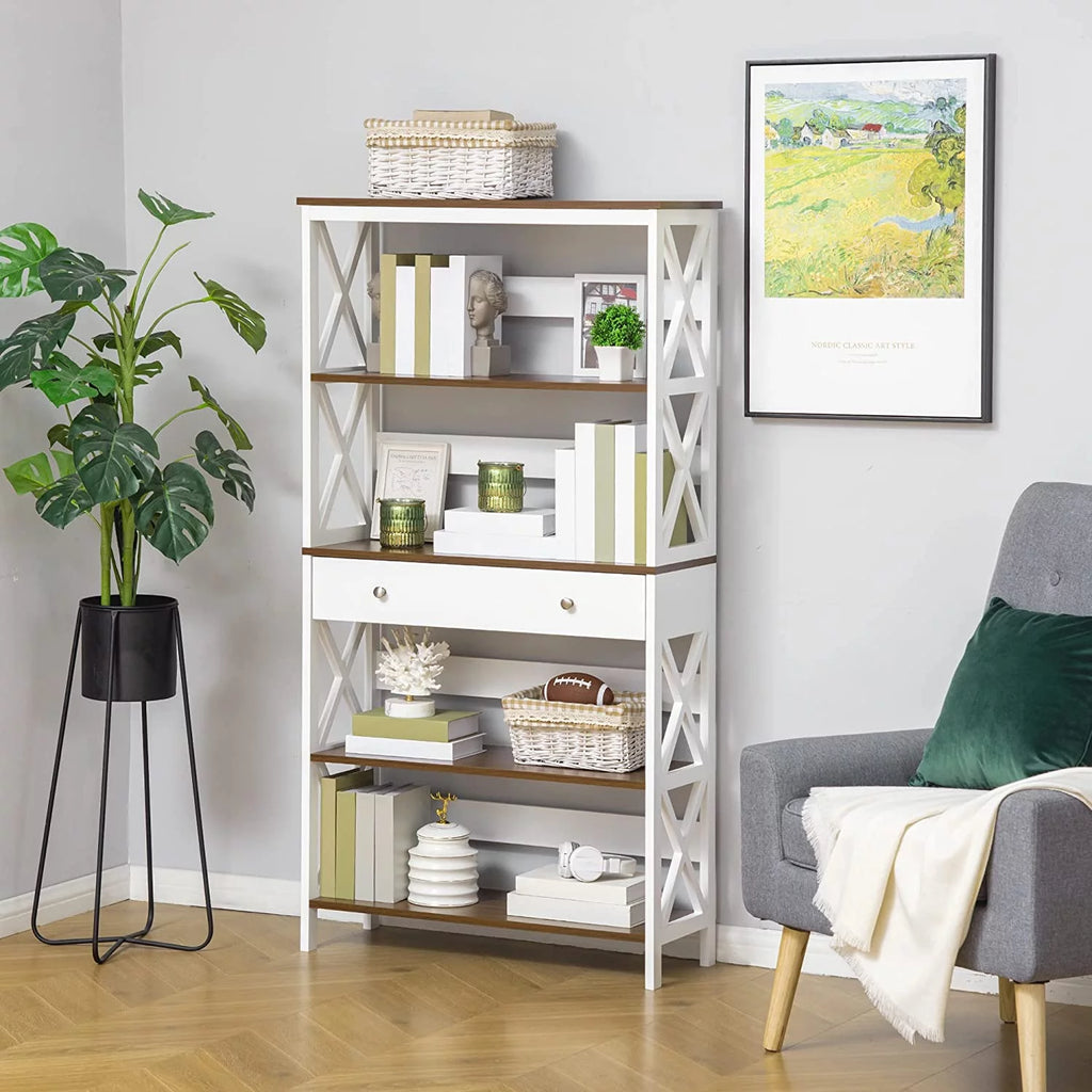 4-Tier White Shelving Bookcase with Drawer P91004