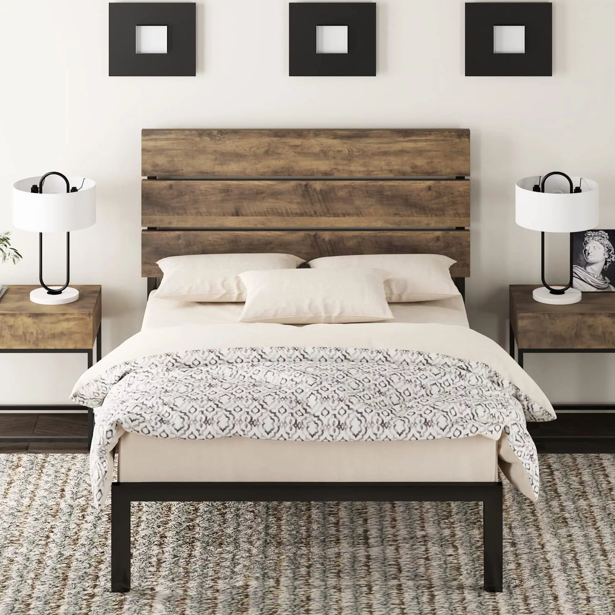 Queen Size Rustic Industrial Platform Bed Frame with Wood Headboard W5449