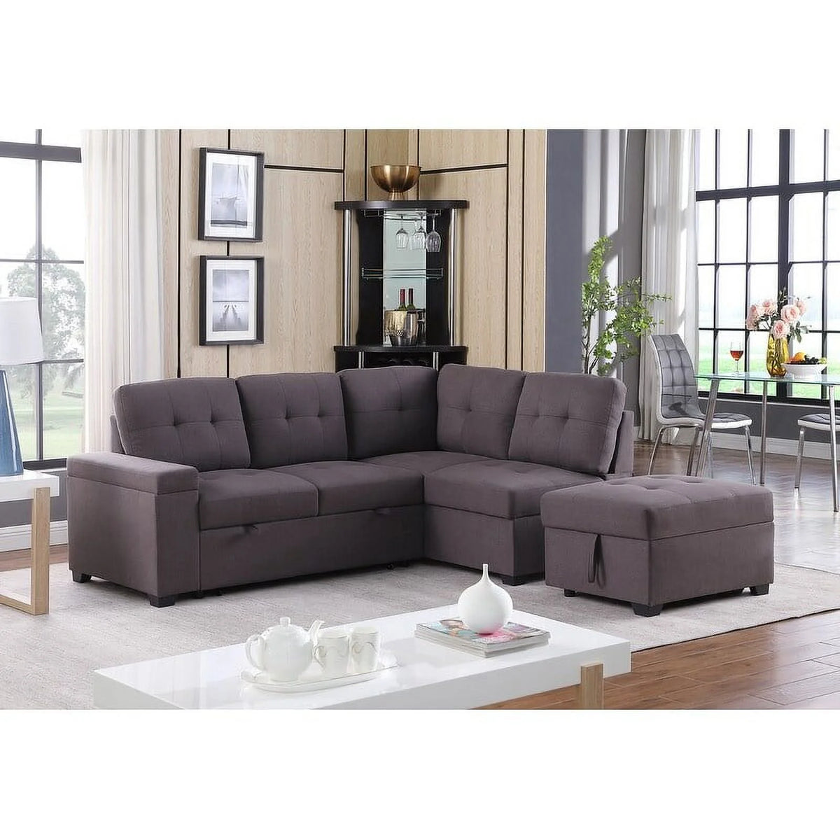 Linen Sleeper Sectional Sofa with Storage Ottoman V16354