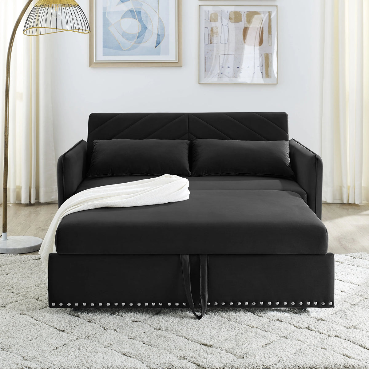 55" Black Velvet Convertible Sleeper Sofa with USB Ports H529077