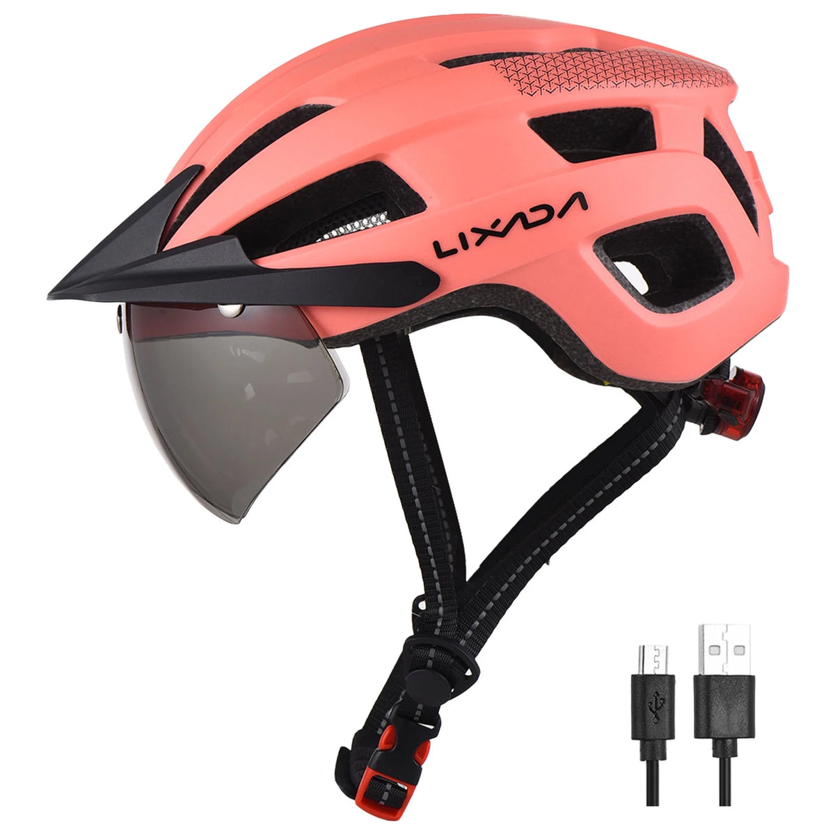 Adjustable Bicycle Helmet with Windshield, Sun Visor, and Tail Light Q237