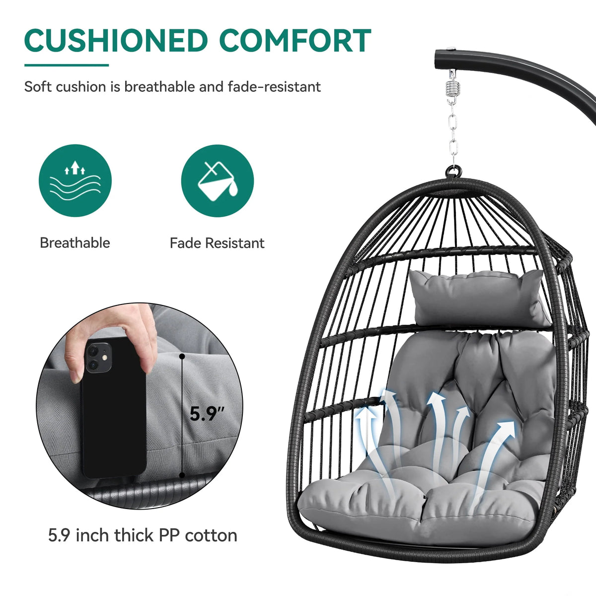 Hanging Egg Swing Chair with Stand Wicker Dark Gray M2506