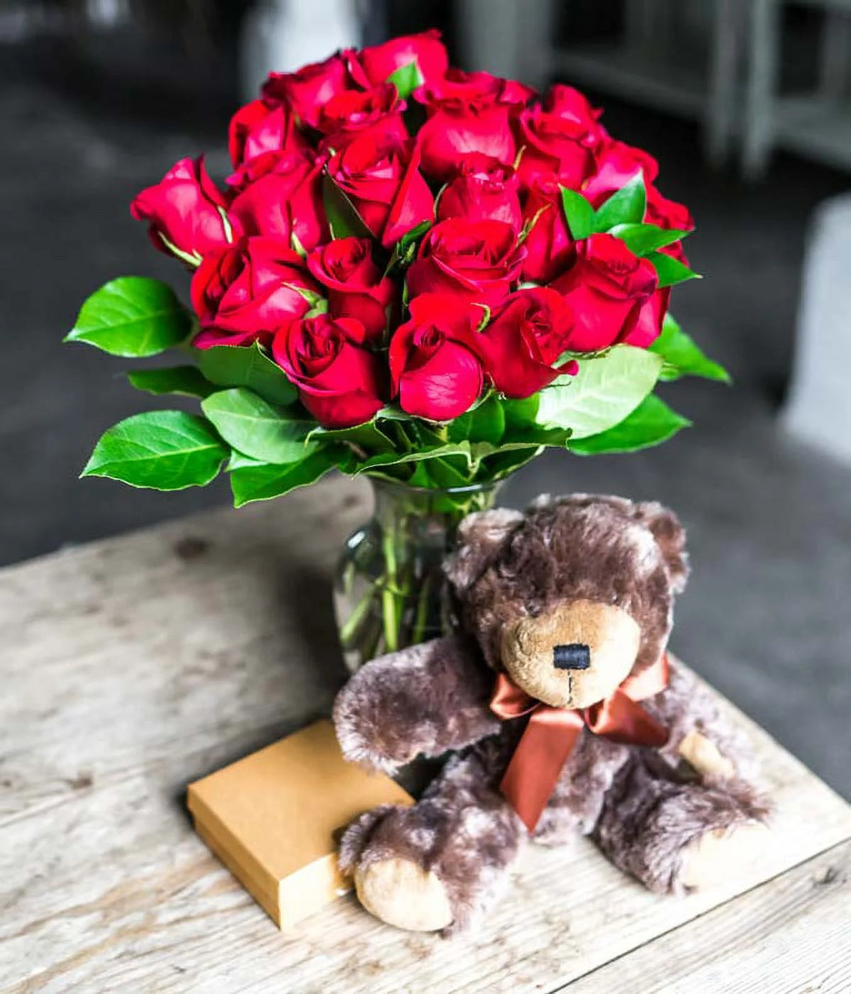 24 Red Roses with Chocolates & Teddy Bear in a Glass Vase P123124