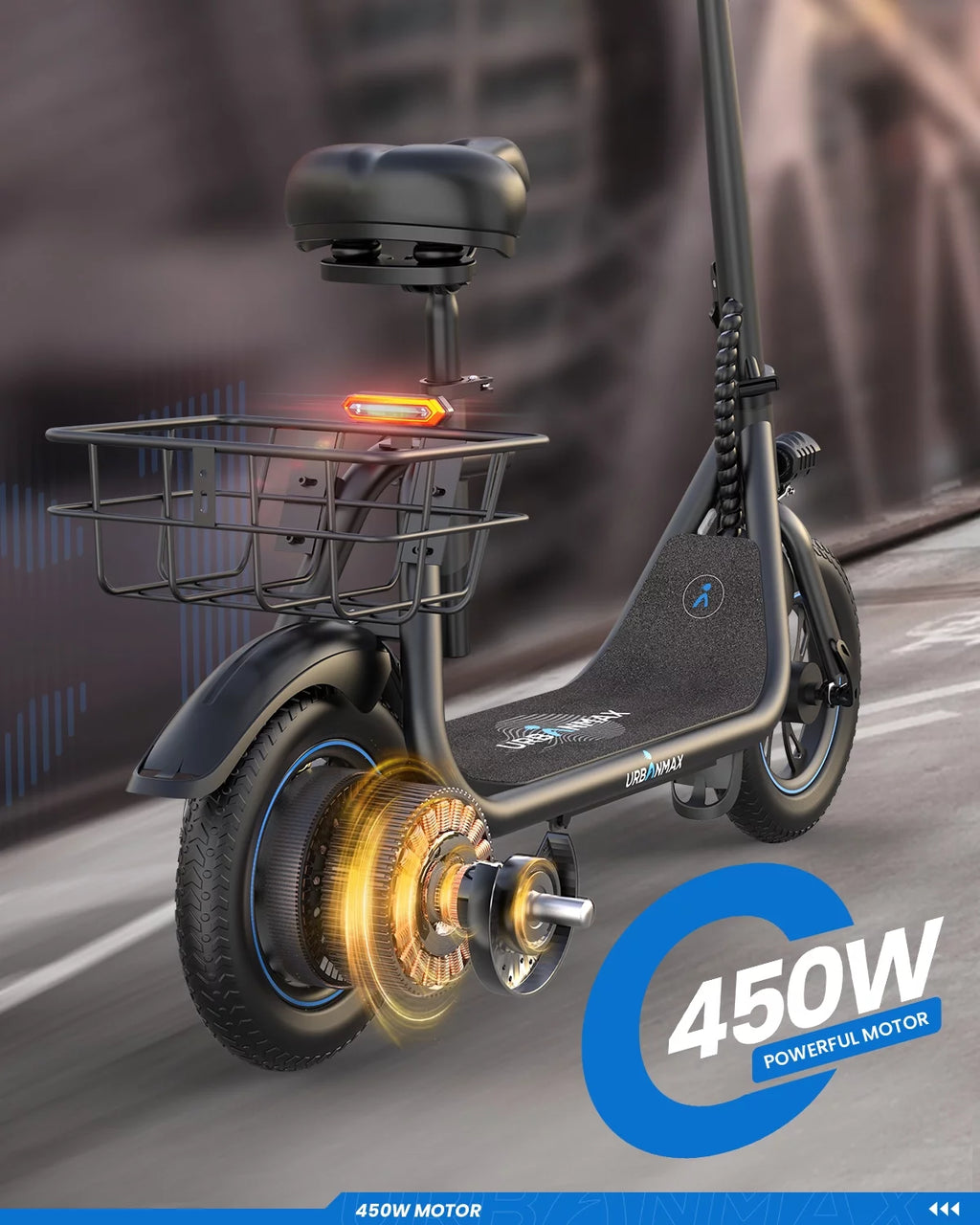 450W 36V Foldable Electric Scooter with Seat Basket 12 in Off-Road Tires Black Q538202