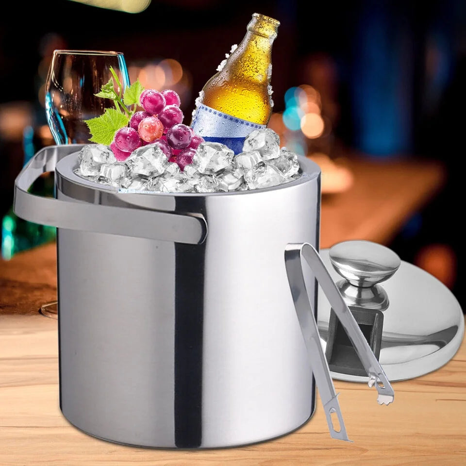 Stainless Steel Insulated Ice Bucket 1.3L with Lid Strainer and Ice Tong M17769