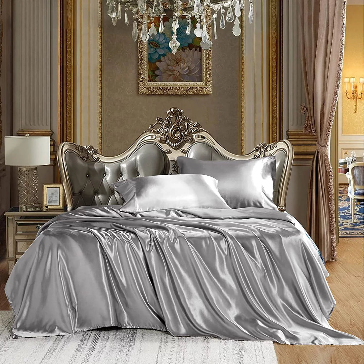 Microfiber Satin Gray 4 Piece Full Size Bed Sheets V53235