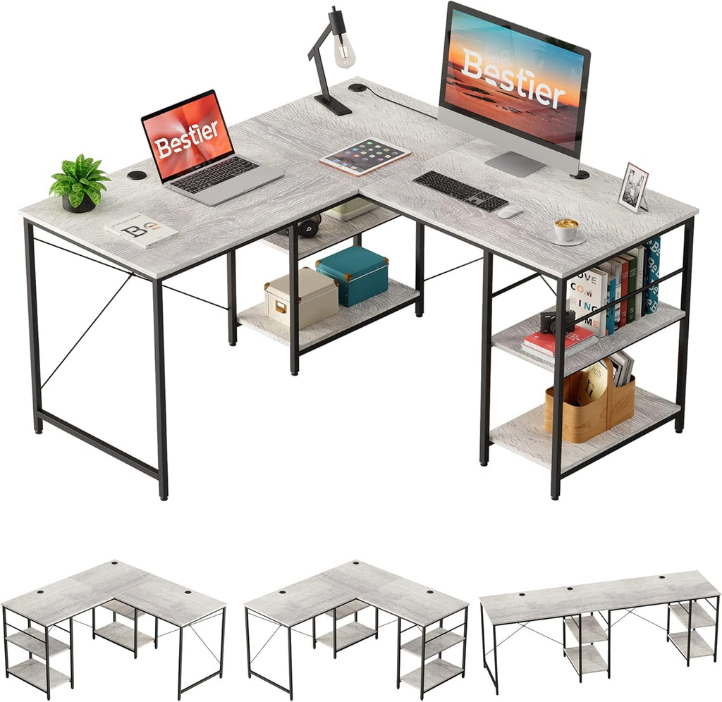 95.2 Inch Reversible L Shaped Desk with Shelves Grey Oak T893
