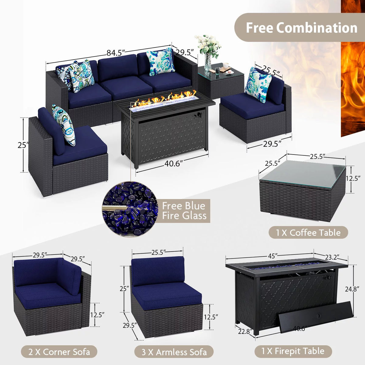 7 Pcs Wicker Patio Furniture Set with Fire Pit Table S84319