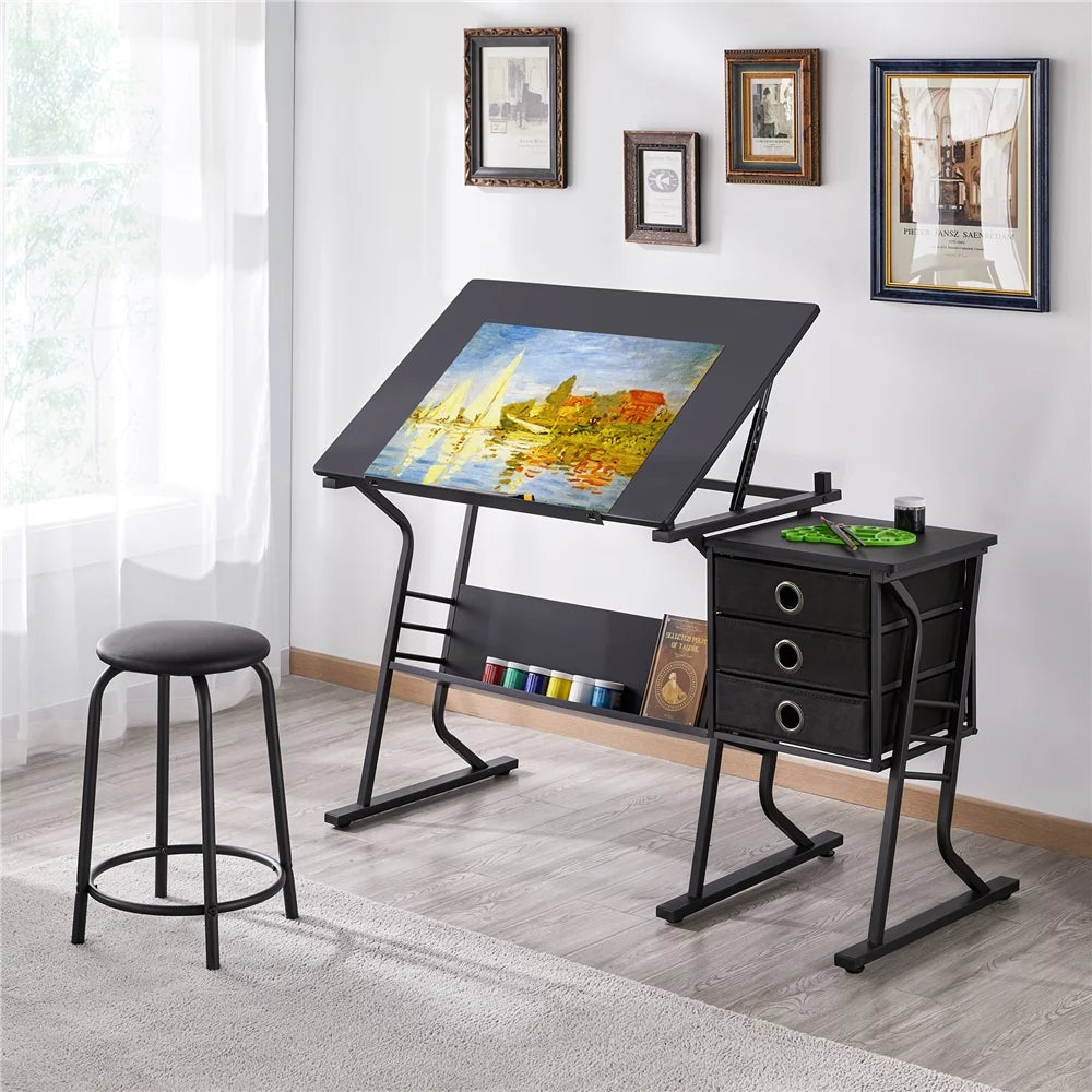 Black Adjustable Drafting Table with Storage Drawers and Stool G131604