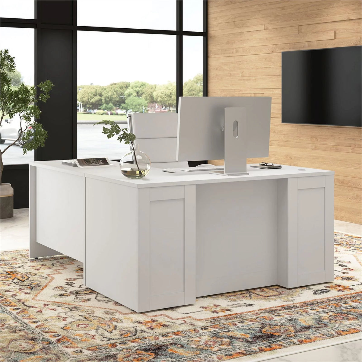 White L-Shaped Executive Desk H2397