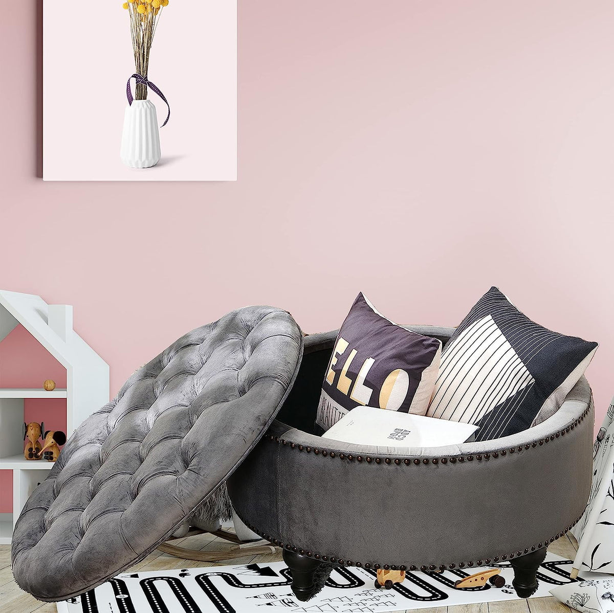 Dark Grey Upholstered Round Storage Ottoman I7078