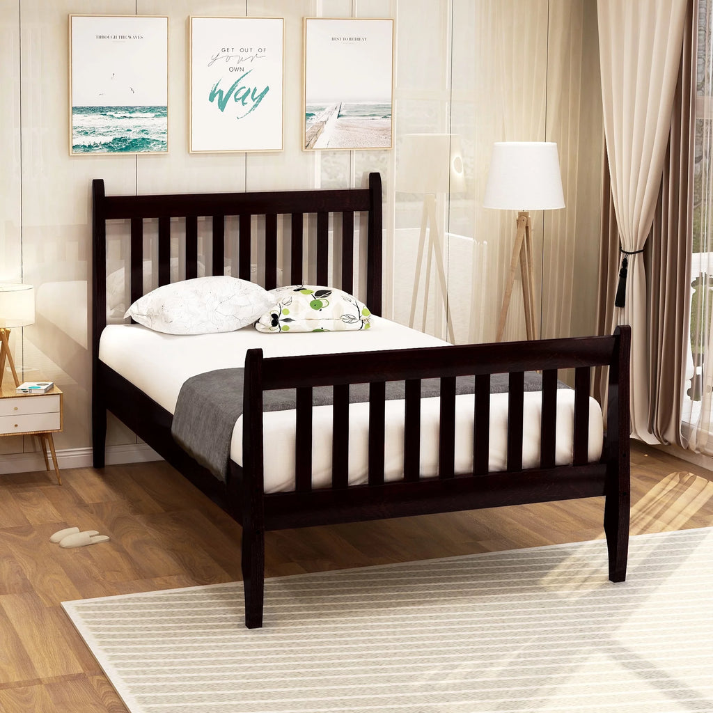 Twin Size Espresso Wood Platform Bed Frame with Headboard X904102