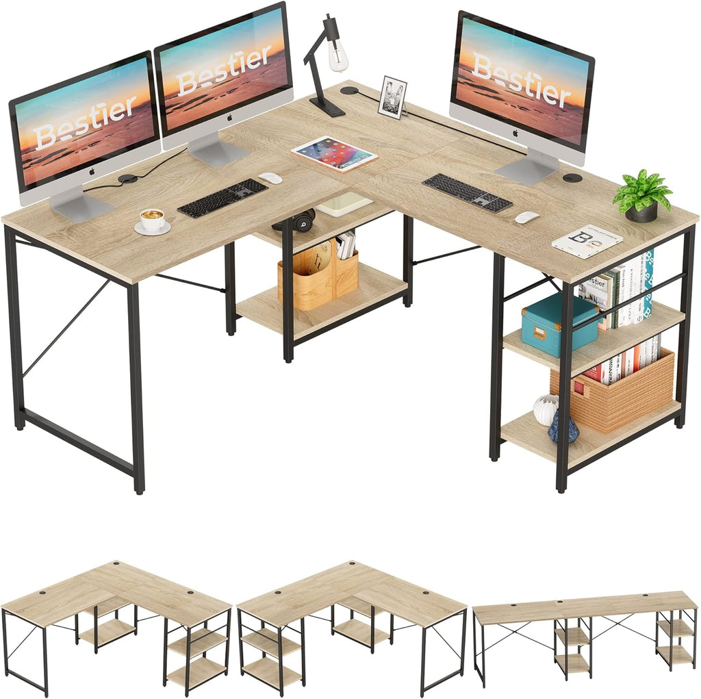95.2 Inch Reversible L Shaped Desk with Shelves Grey Oak T893