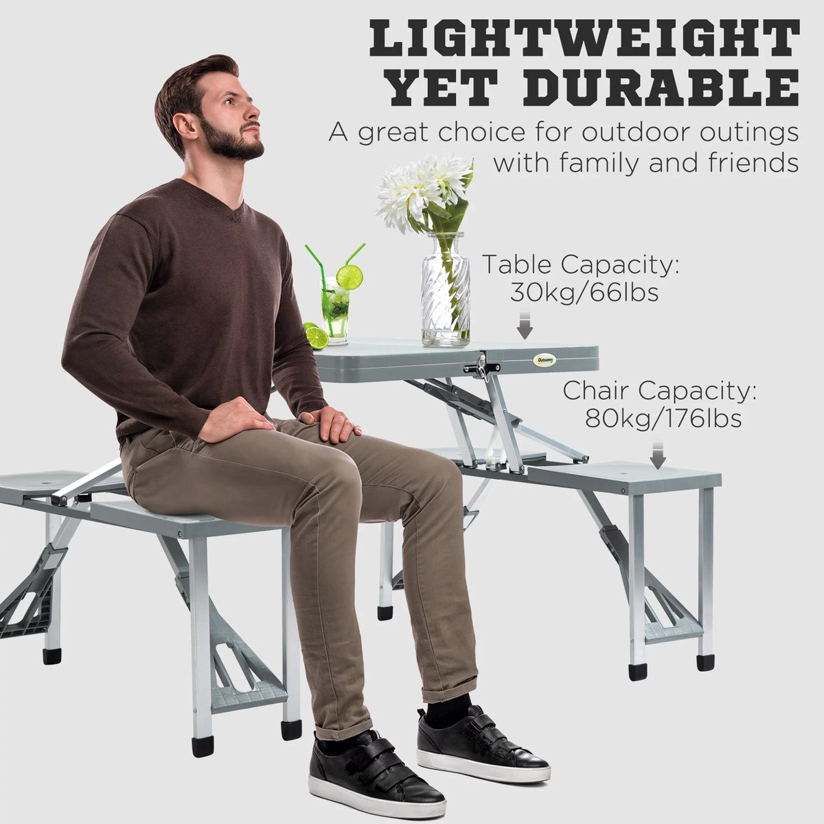 Portable Foldable 4-Person Picnic Table with Seats and Umbrella Hole, Grey D557