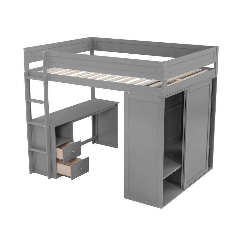 Wood Full Size Loft Bed with Storage Desk, Drawers and Wardrobe V102