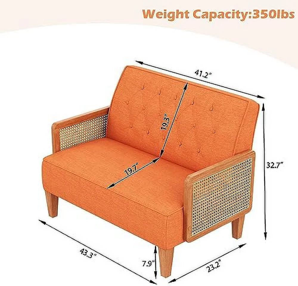 Light Grey Upholstered Loveseat with Rattan Armrest H123