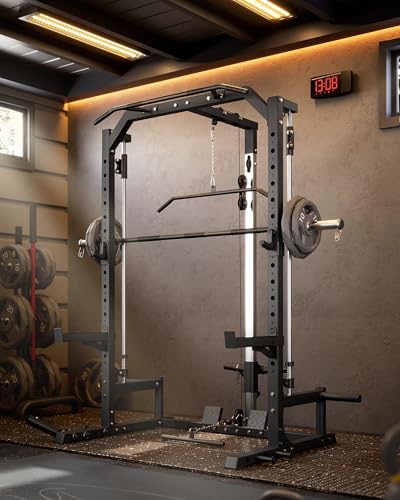 Smith Machine Home Gym with Barbell Bar, Cable System, Lat Pulldown Attachments, Safety Spotter Arms, J Hooks, Landmine, Multi-Functional Squat Rack G53238