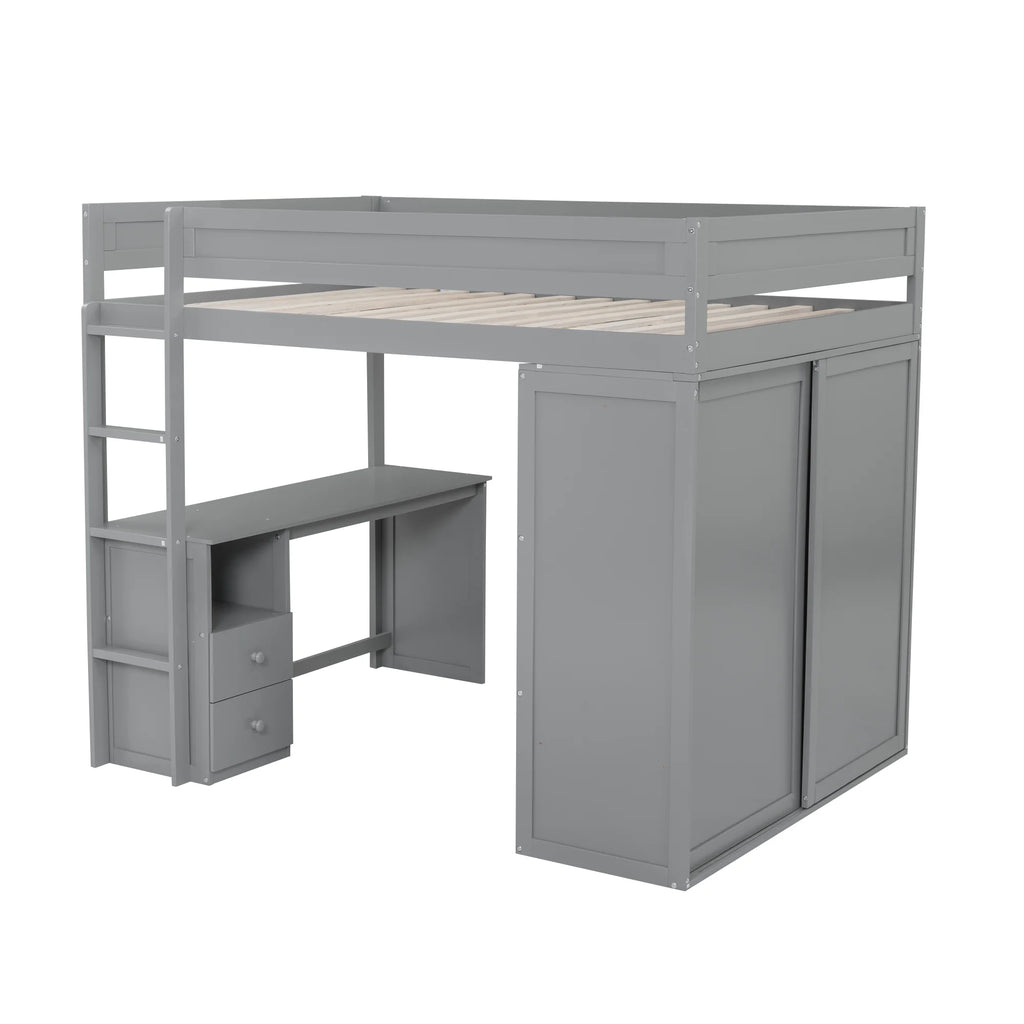 Wood Full Size Loft Bed with Storage Desk, Drawers and Wardrobe V102