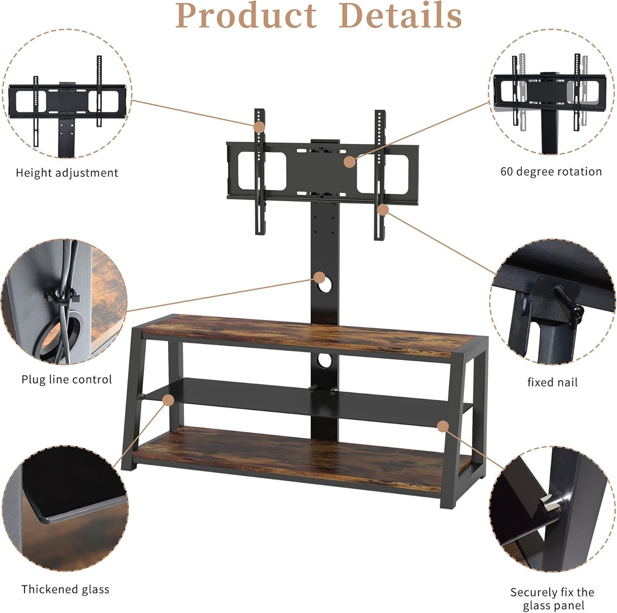 Angle and Height Adjustable Tempered Glass TV Stand, Black U870