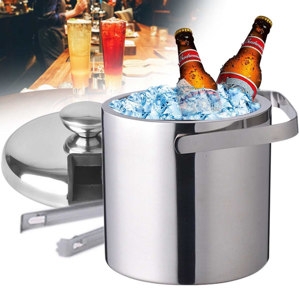 Stainless Steel Insulated Ice Bucket 1.3L with Lid Strainer and Ice Tong M17769
