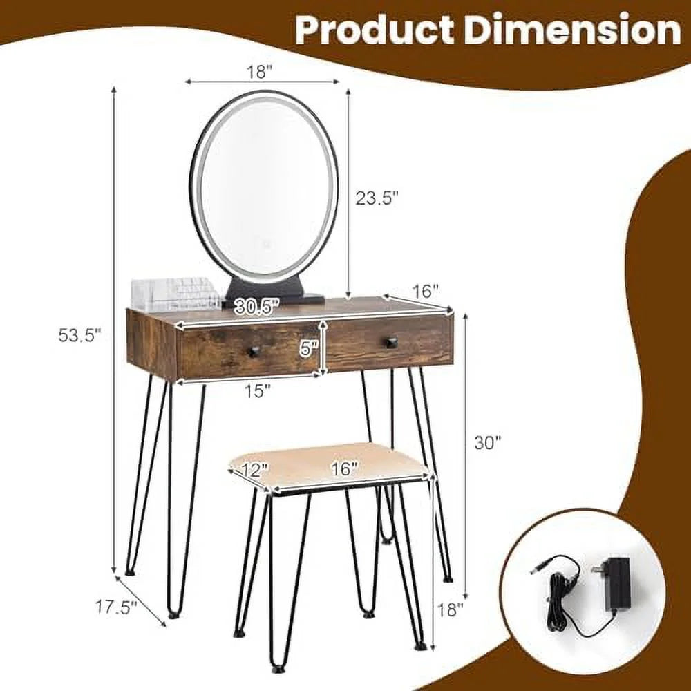 Vanity Desk with Mirror and Lights Makeup Dressing Table Set with Stool W197264