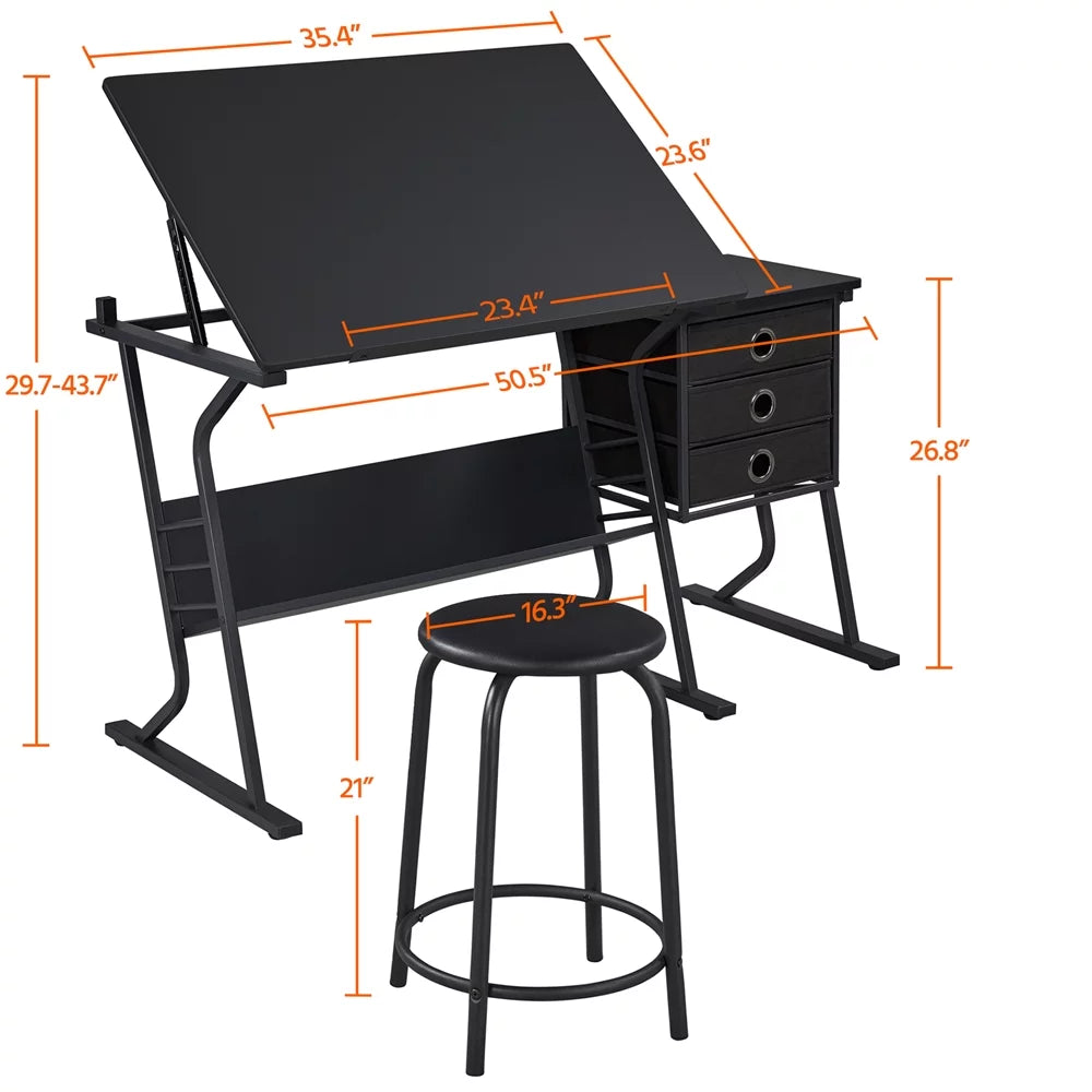 Black Adjustable Drafting Table with Storage Drawers and Stool G131604