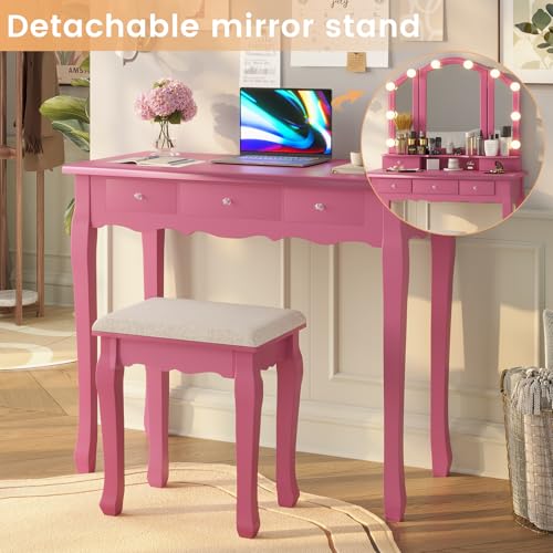 White Vanity Desk with Lighted Mirror and Stool, 5 Drawers K55131