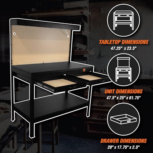 48-Inch Black Workbench with Power Outlets and Light N293