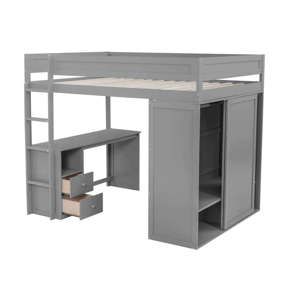 Wood Full Size Loft Bed with Storage Desk, Drawers and Wardrobe V102