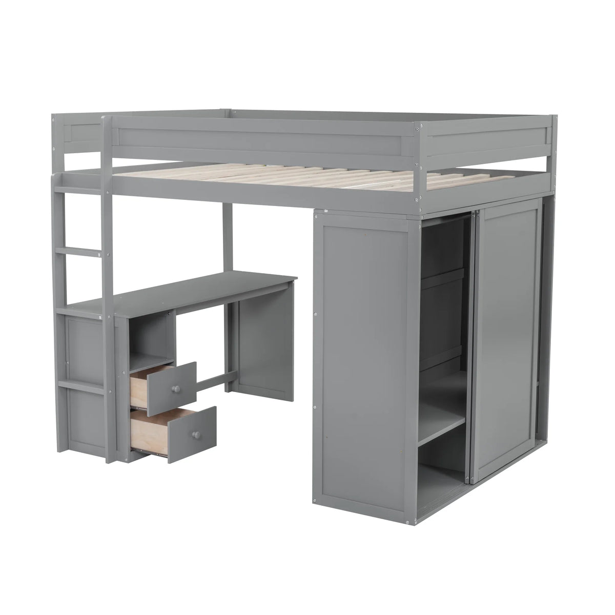 Wood Full Size Loft Bed with Storage Desk, Drawers and Wardrobe V102