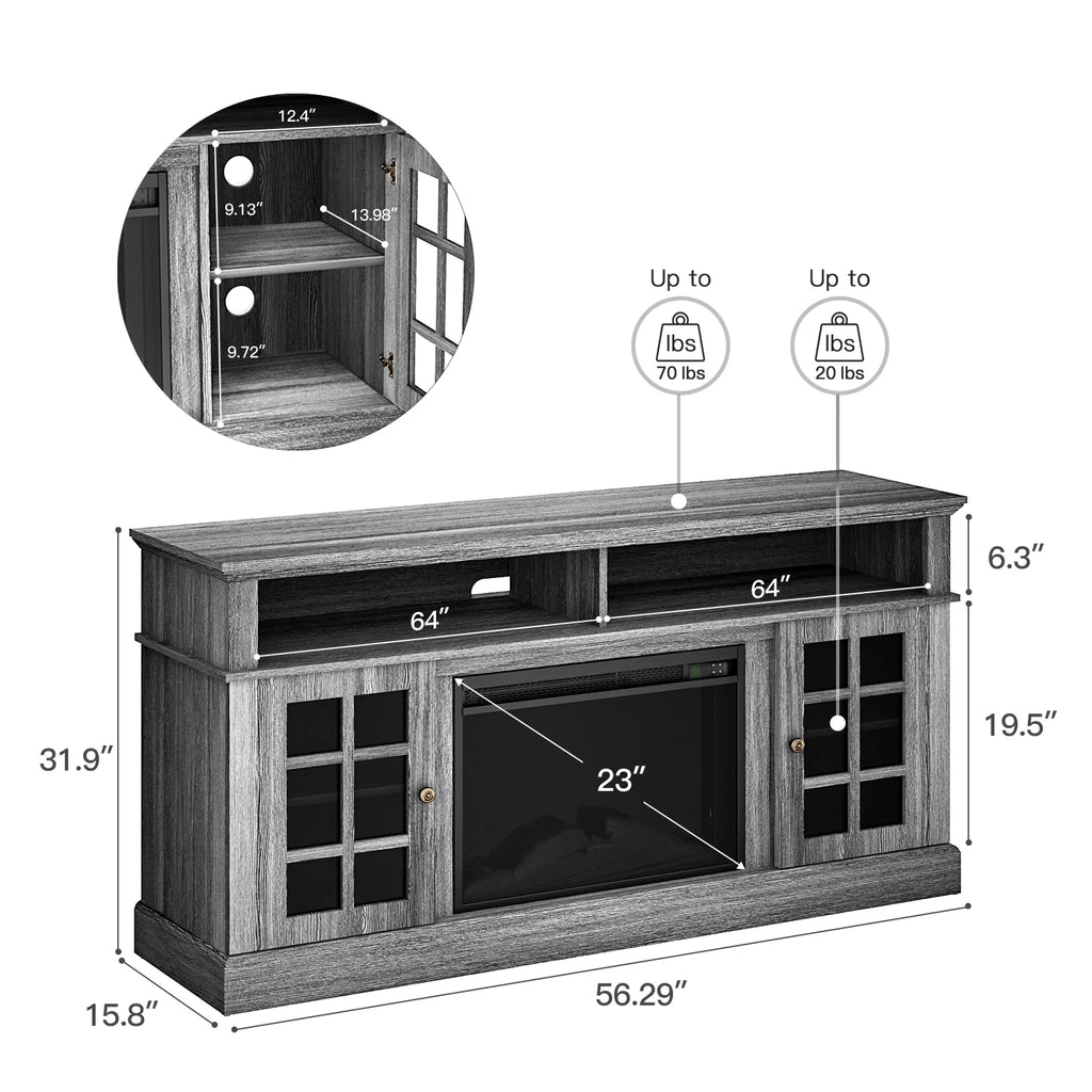 1400W Electric Fireplace TV Stand with Adjustable Shelves, Grey Z1010