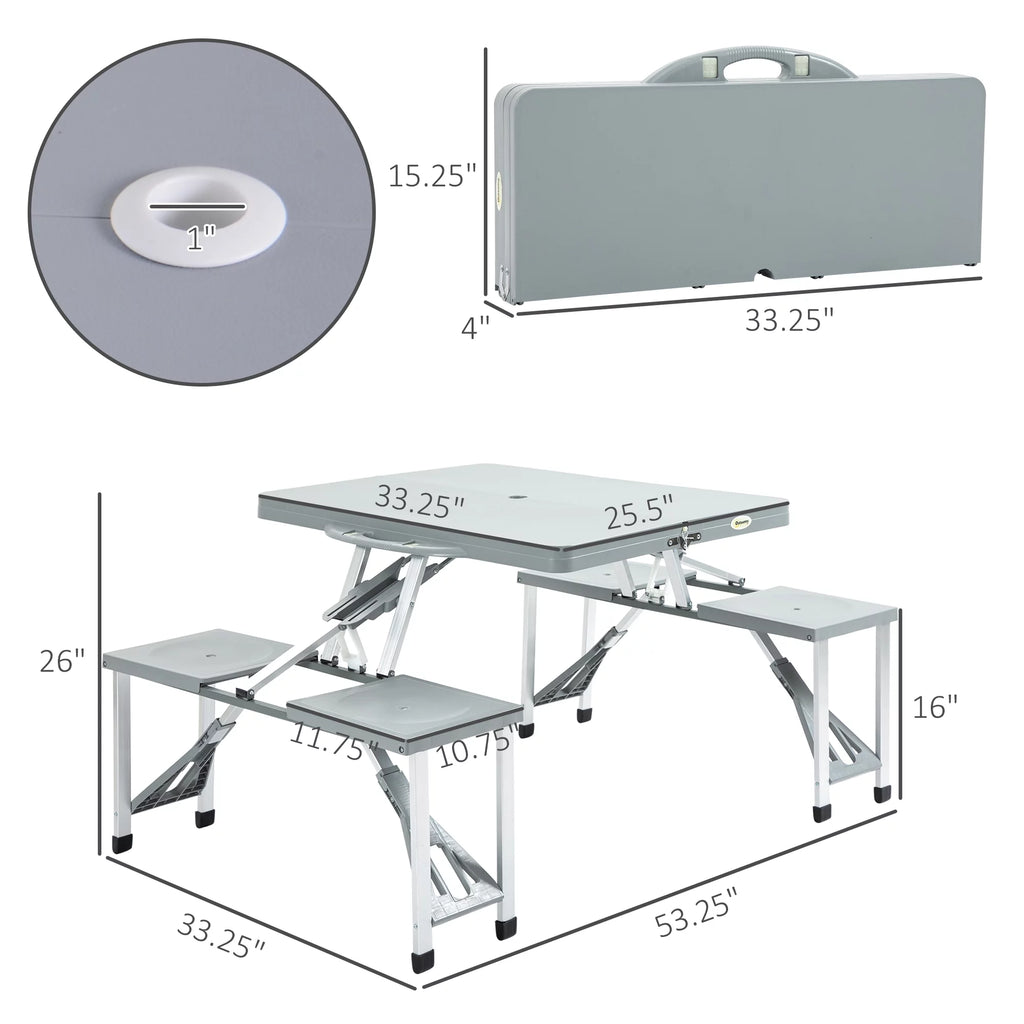 Portable Foldable 4-Person Picnic Table with Seats and Umbrella Hole, Grey D557