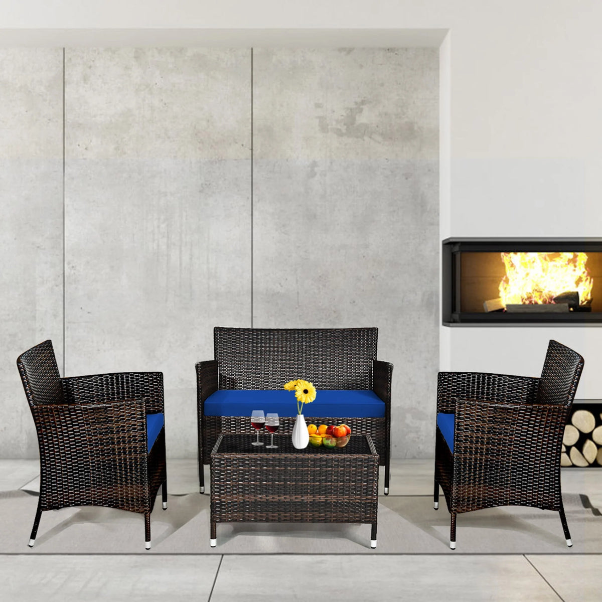 4 Pc Turquoise Cushioned Patio Rattan Conversation Furniture Set G20699