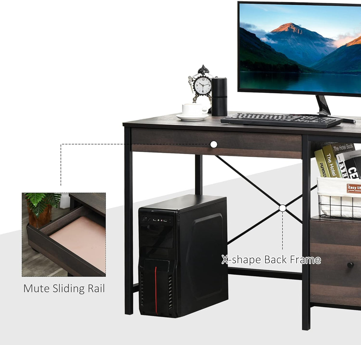 Black Walnut Home Office Desk with Filing Cabinet F414341