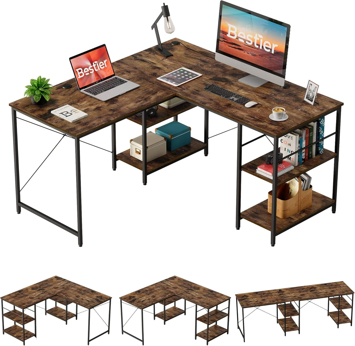 95.2 Inch Reversible L Shaped Desk with Shelves Grey Oak T893