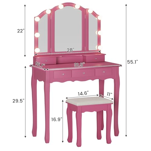 White Vanity Desk with Lighted Mirror and Stool, 5 Drawers K55131