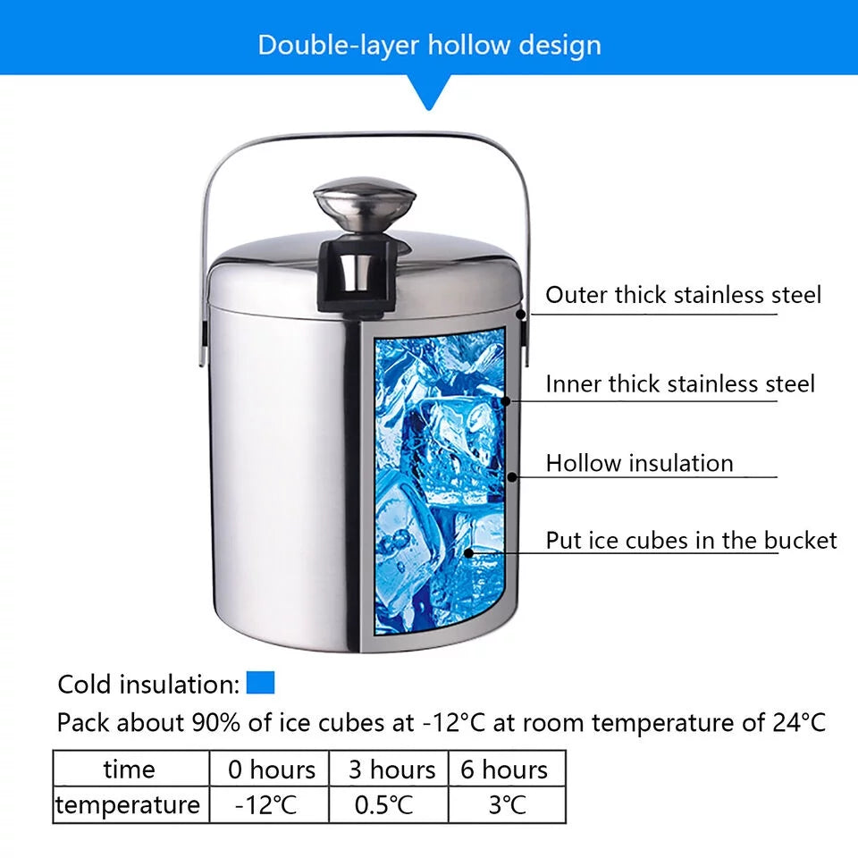 Stainless Steel Insulated Ice Bucket 1.3L with Lid Strainer and Ice Tong M17769