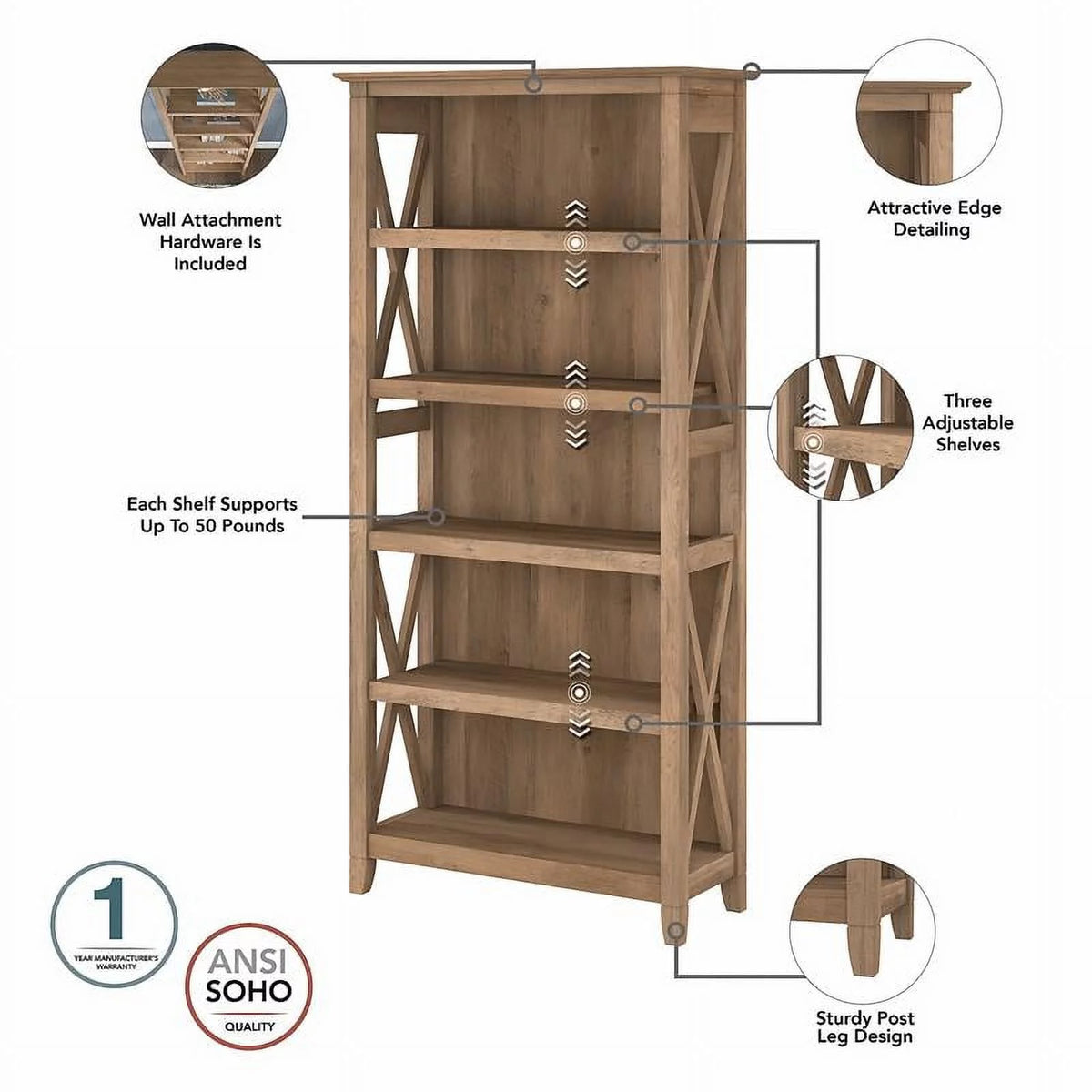 5-Shelf Reclaimed Pine Wood Bookcase V275410